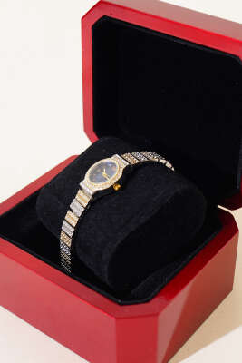 Kordonu Taş Süslemeli Kadın Kol Saati Lacivert - Thumbnail