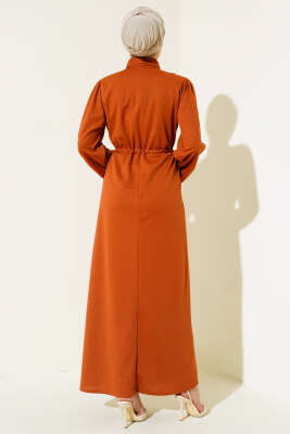 Yarım Patlı Bel Tünelli Elbise Taba - Thumbnail