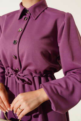 Yarım Patlı Bel Tünelli Elbise Lila - Thumbnail