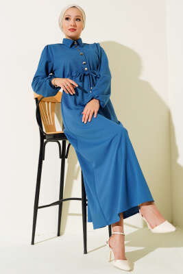 Yarım Patlı Bel Tünelli Elbise İndigo - Thumbnail