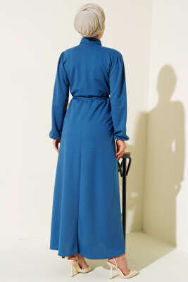 Yarım Patlı Bel Tünelli Elbise İndigo - Thumbnail