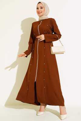 Pazarium - Taş Detaylı Fermuarlı Ferace Taba