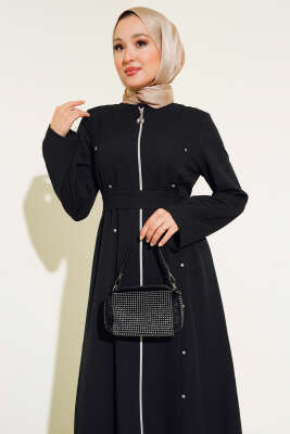 Taş Detaylı Fermuarlı Ferace Siyah - Thumbnail