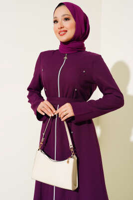 Taş Detaylı Fermuarlı Ferace Menekşe - Thumbnail