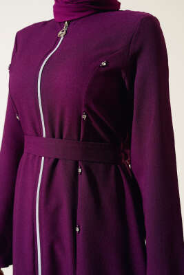 Taş Detaylı Fermuarlı Ferace Menekşe - Thumbnail