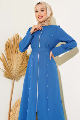Taş Detaylı Fermuarlı Ferace Mavi - Thumbnail