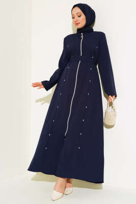 Taş Detaylı Fermuarlı Ferace Lacivert - Thumbnail