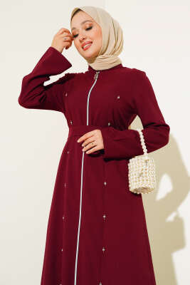 Taş Detaylı Fermuarlı Ferace Bordo - Thumbnail