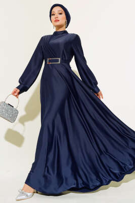 Pazarium - Önü Çapraz Piliseli Saten Elbise Lacivert