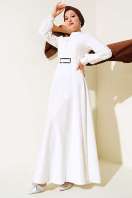 Pazarium - Önü Çapraz Piliseli Saten Elbise Beyaz