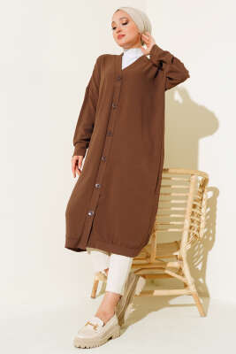 Pazarium - Önü Düğmeli Ayrobin Kahve Uzun Hırka