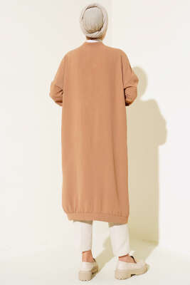 Önü Düğmeli Ayrobin Camel Uzun Hırka - Thumbnail