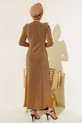 Önü Büzgülü Simli Elbise Camel - Thumbnail