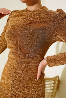 Önü Büzgülü Simli Elbise Camel - Thumbnail