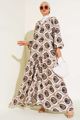 Pazarium - Hakim Yaka Desenli Salaş Elbise Bej