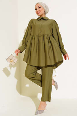 Pazarium - Bebe Yaka Dantel Detaylı İkili Takım Haki