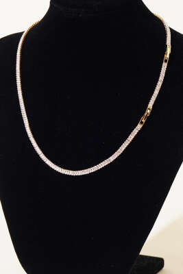 İnce Su Yolu Taşlı Kolye Gold - Thumbnail