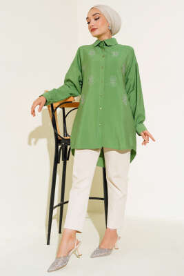 Taş Detaylı Ağaç Kabuğu Gömlek Yeşil - Thumbnail
