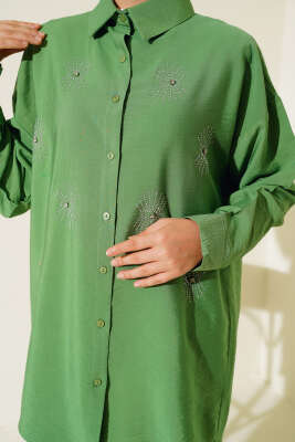 Taş Detaylı Ağaç Kabuğu Gömlek Yeşil - Thumbnail
