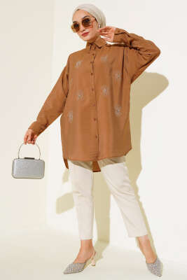 Taş Detaylı Ağaç Kabuğu Gömlek Taba - Thumbnail