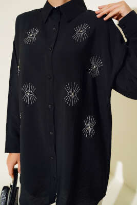 Taş Detaylı Ağaç Kabuğu Gömlek Siyah - Thumbnail