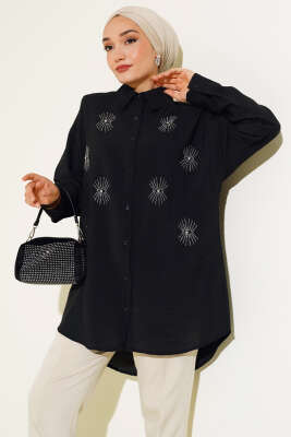 Taş Detaylı Ağaç Kabuğu Gömlek Siyah - Thumbnail