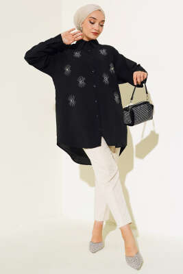 Taş Detaylı Ağaç Kabuğu Gömlek Siyah - Thumbnail