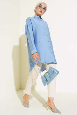 Taş Detaylı Ağaç Kabuğu Gömlek Mavi - Thumbnail