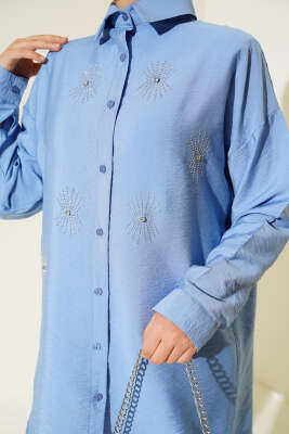 Taş Detaylı Ağaç Kabuğu Gömlek Mavi - Thumbnail