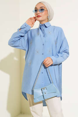 Taş Detaylı Ağaç Kabuğu Gömlek Mavi - Thumbnail