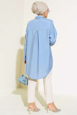 Taş Detaylı Ağaç Kabuğu Gömlek Mavi - Thumbnail