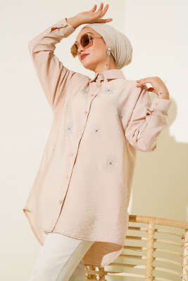 Taş Detaylı Ağaç Kabuğu Gömlek Latte - Thumbnail