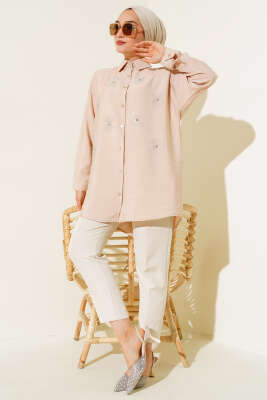 Taş Detaylı Ağaç Kabuğu Gömlek Latte - Thumbnail