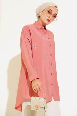 Taş Detaylı Ağaç Kabuğu Gömlek Gül Kurusu - Thumbnail