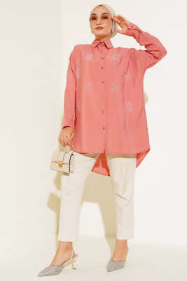 Taş Detaylı Ağaç Kabuğu Gömlek Gül Kurusu - Thumbnail