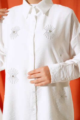 Taş Detaylı Ağaç Kabuğu Gömlek Beyaz - Thumbnail