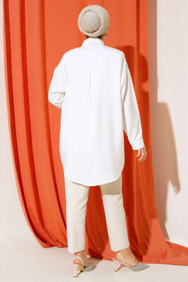 Taş Detaylı Ağaç Kabuğu Gömlek Beyaz - Thumbnail