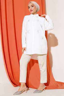 Taş Detaylı Ağaç Kabuğu Gömlek Beyaz - Thumbnail