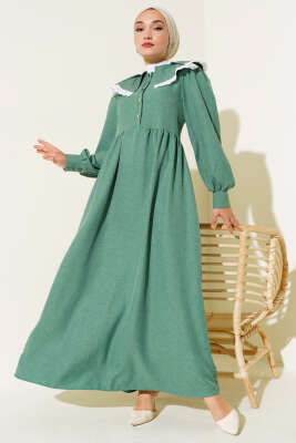 Pazarium - Bebe Yaka Dantelli Elbise Yeşil