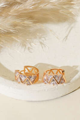 Üçgen Taşlı Küpe Gold - Thumbnail