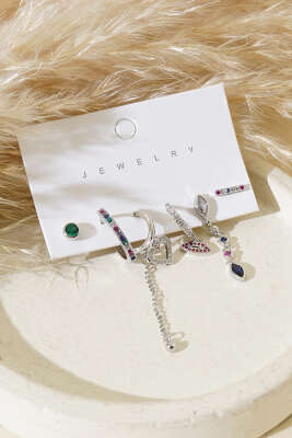 Renkli Taşlı Küpe Set Gümüş - Thumbnail