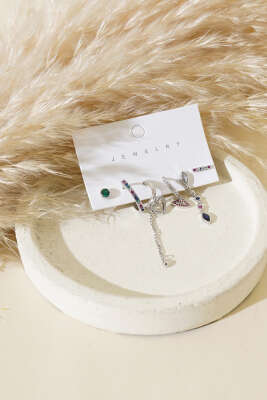 Renkli Taşlı Küpe Set Gümüş - Thumbnail