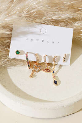 Renkli Taşlı Küpe Set Gold - Thumbnail