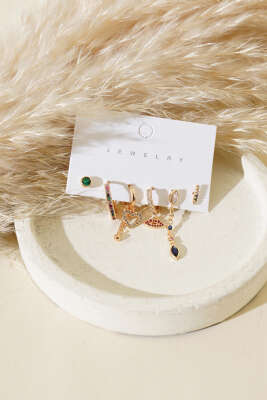 Renkli Taşlı Küpe Set Gold - Thumbnail