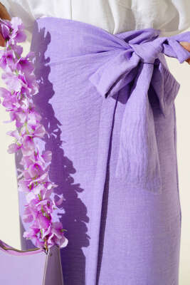 Belden Bağlamalı Keten Etek Lila - Thumbnail