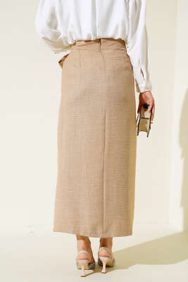 Belden Bağlamalı Keten Etek Bej - Thumbnail