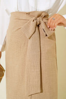 Belden Bağlamalı Keten Etek Bej - Thumbnail