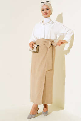 Belden Bağlamalı Keten Etek Bej - Thumbnail