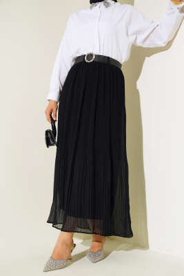 Pazarium - Kemerli Piliseli Şifon Etek Siyah