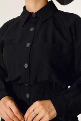 Boy Düğmeli Çift Cepli Elbise Siyah - Thumbnail